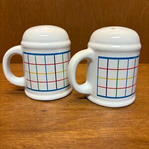 VTG 1985 Mt. Clemens "Mardi Gras" Salt & Pepper Shakers Pair -- Retro Grid Plaid
